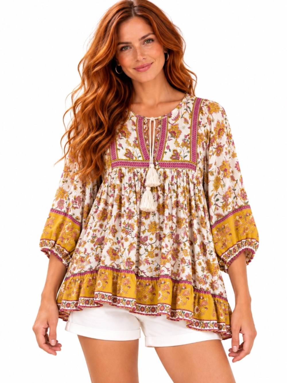 Rachel Zoe Floral Babydoll Boho Peasant Tunic Blouse